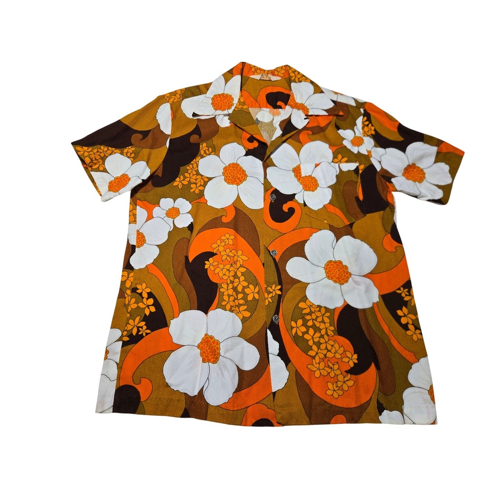 Vintage Royal Hawaiian Shirt Mens Large 70s Psychedelic Floral Orange Aloha
